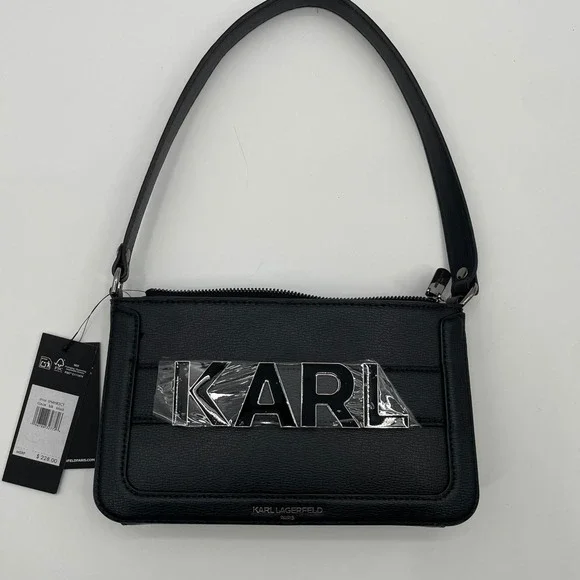 NWT Karl Lagerfeld Paris Black Leather Shoulder Bag MSRP $228 Style LH4HR3 Y2K - Picture 1 of 13